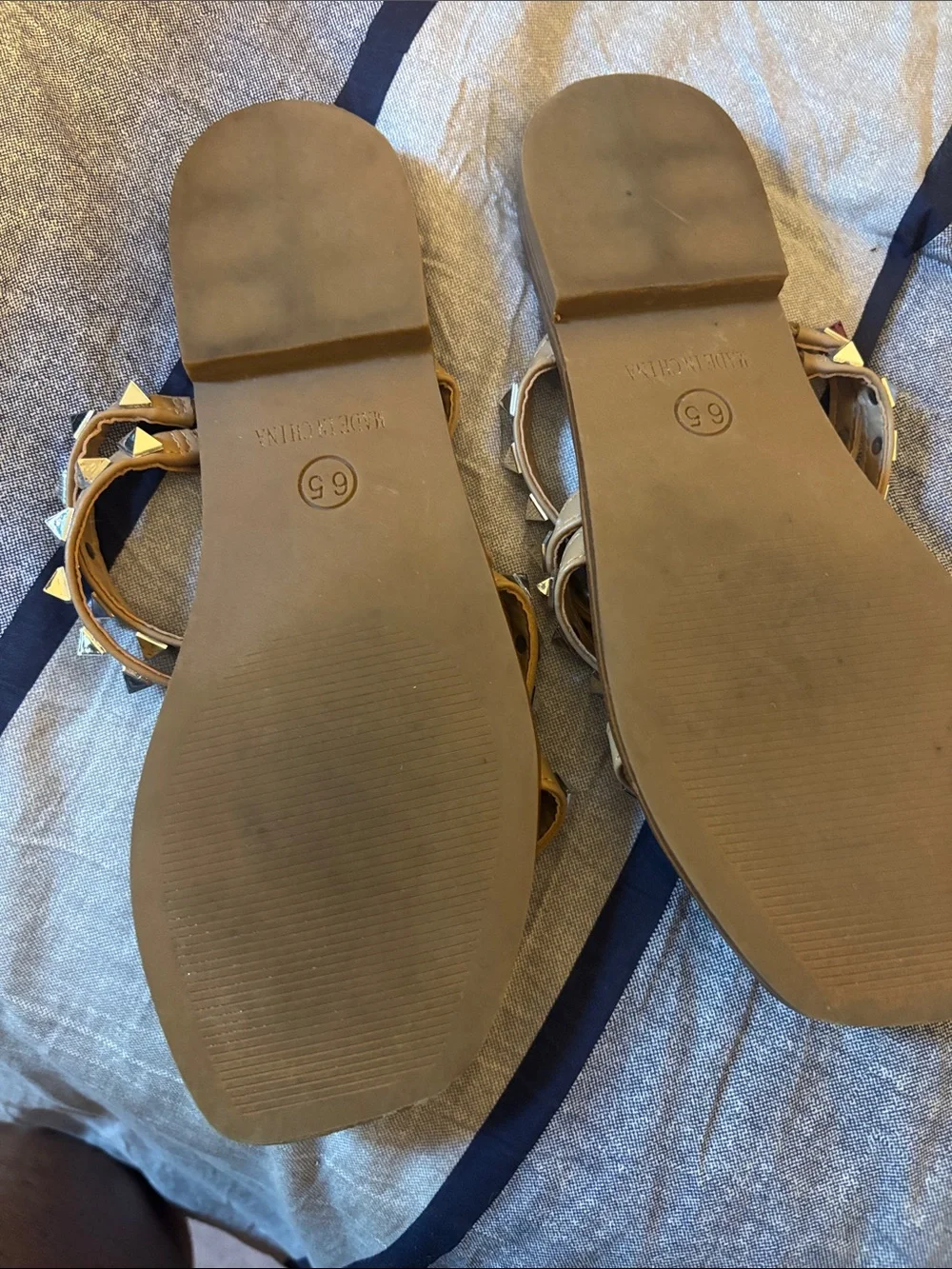 Steve Madden Tan Slide Sandals with Gold Pyramid Studs